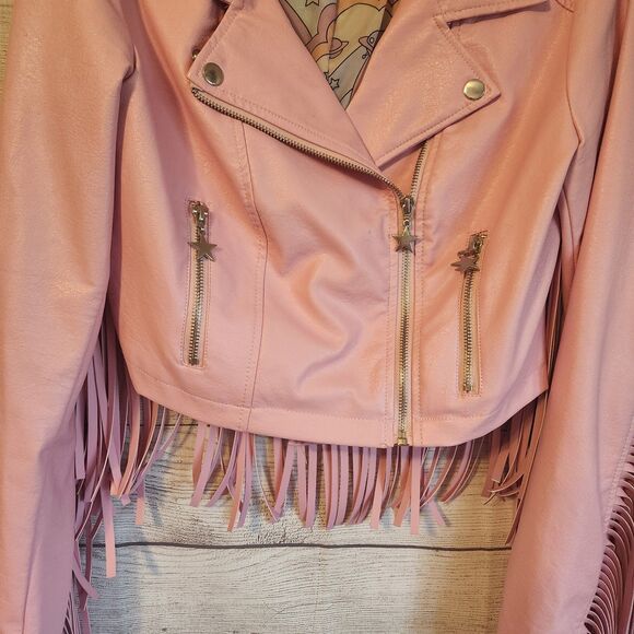 Sugar Thrillz Small Junior Pink Faux Leather Retro Y2k Western fringe Jacket - Picture 3 of 9